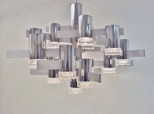 Sciolari large vintage chandelier chrome glass & brushed steel, 1970`s ca, Italian